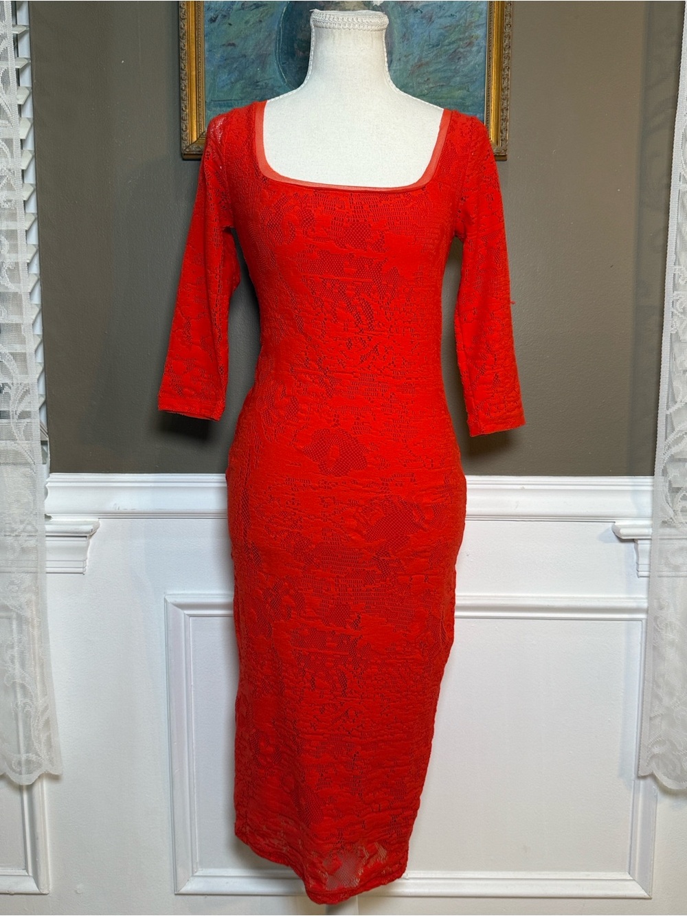 FUZZI Red Lace Bodycon Midi Dress XS 3/4 Sleeve Made in Italy